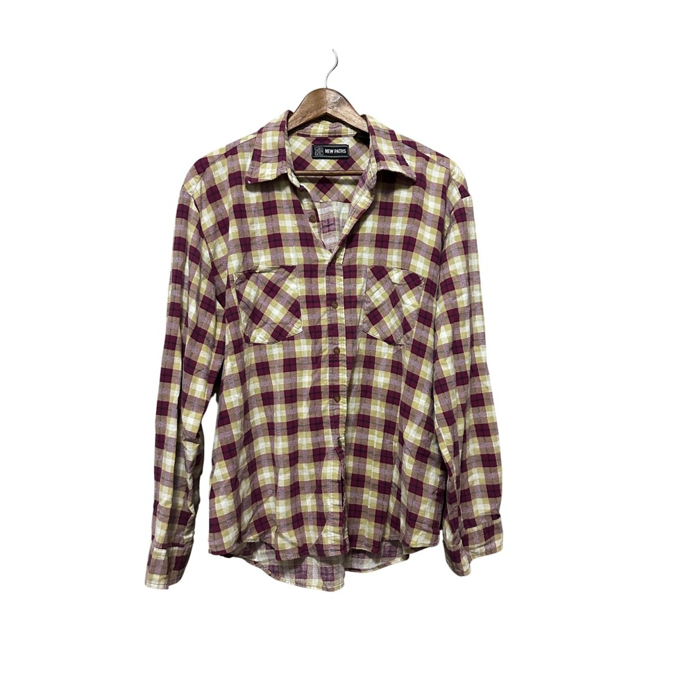New Paths Flannel Shirt Mens XL Burgundy Yellow Plaid Excellent Cotton Button Up